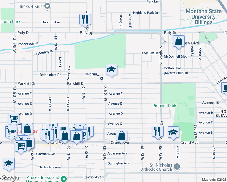 map of restaurants, bars, coffee shops, grocery stores, and more near 719 Avenue F in Billings