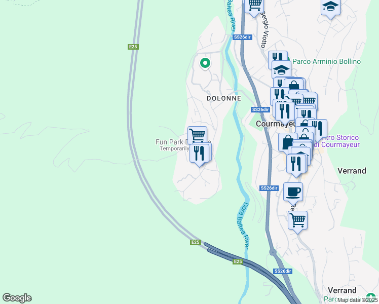 map of restaurants, bars, coffee shops, grocery stores, and more near 7 Strada Checrouit in Courmayeur