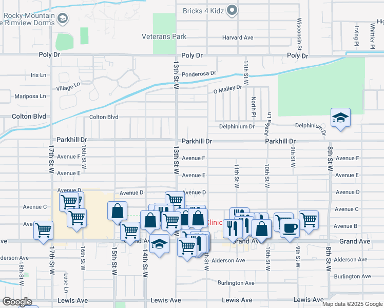 map of restaurants, bars, coffee shops, grocery stores, and more near 1229 Avenue F in Billings