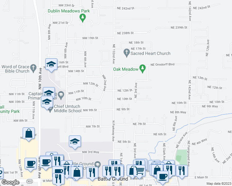 map of restaurants, bars, coffee shops, grocery stores, and more near 1105 North Parkway Avenue in Battle Ground