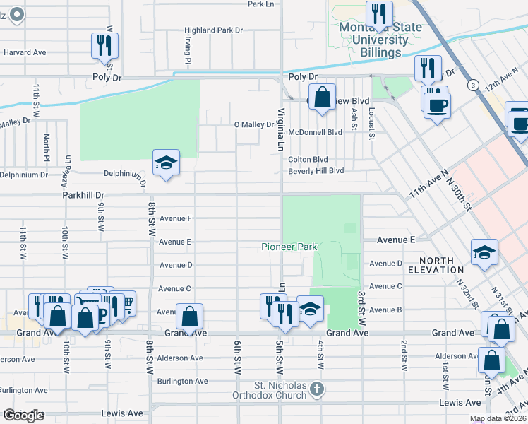 map of restaurants, bars, coffee shops, grocery stores, and more near 525 Avenue F in Billings