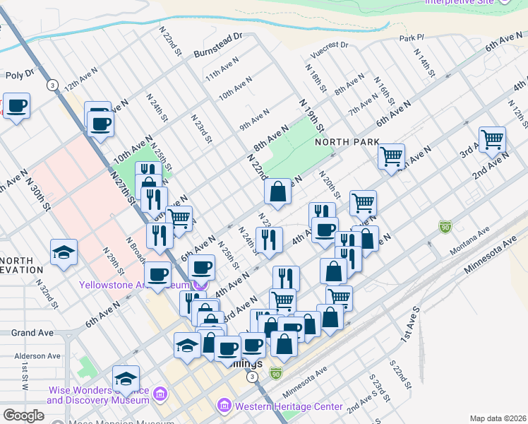 map of restaurants, bars, coffee shops, grocery stores, and more near in Billings