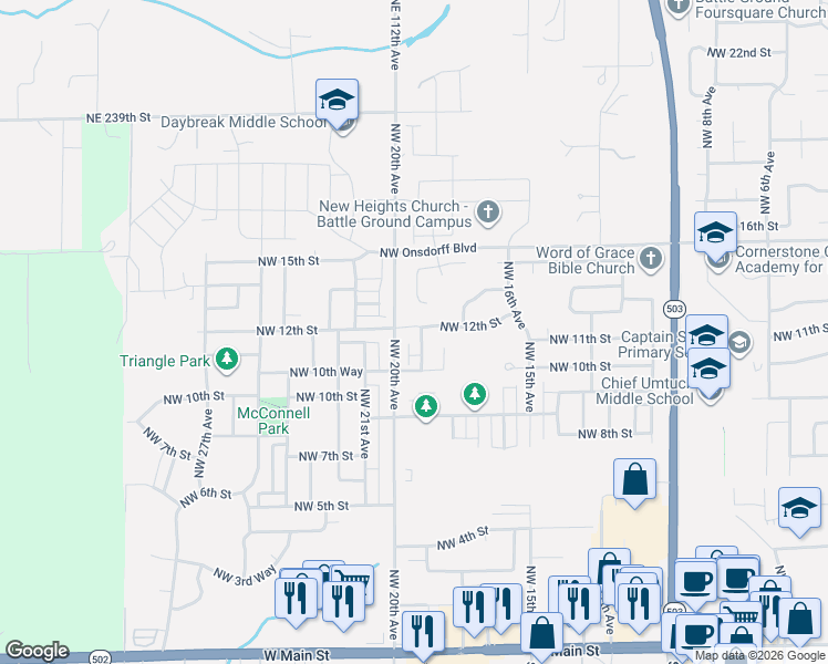 map of restaurants, bars, coffee shops, grocery stores, and more near 1114 Northwest 19th Avenue in Battle Ground