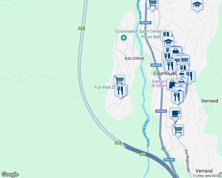 map of restaurants, bars, coffee shops, grocery stores, and more near 7 Strada Checrouit in Courmayeur