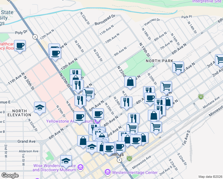map of restaurants, bars, coffee shops, grocery stores, and more near 611 North 24th Street in Billings