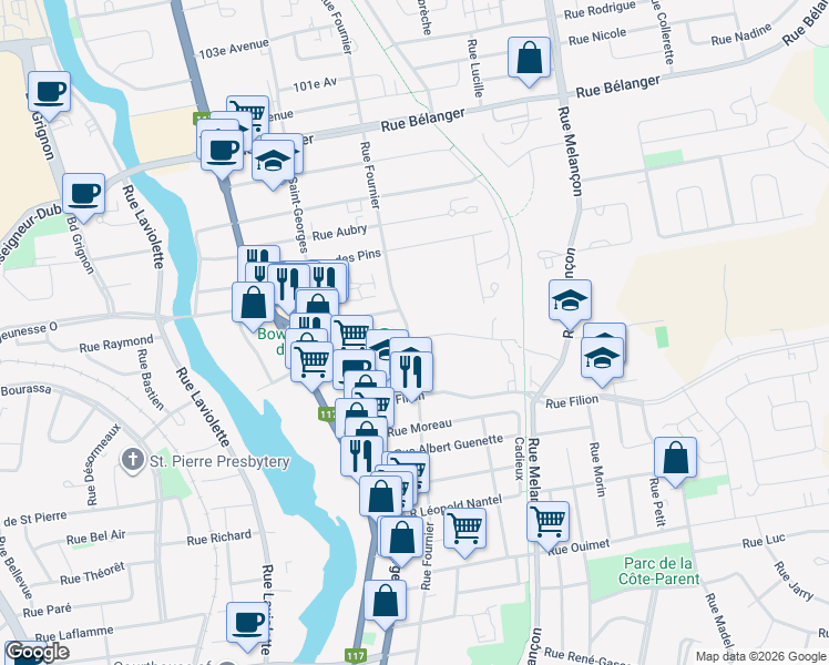 map of restaurants, bars, coffee shops, grocery stores, and more near 305 Rue Scott in Saint-Jérôme