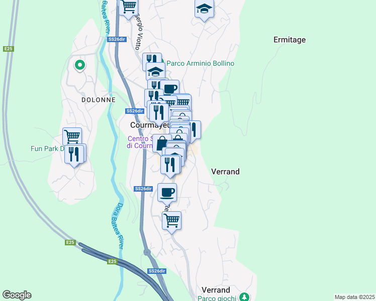 map of restaurants, bars, coffee shops, grocery stores, and more near 132 Via Roma in Courmayeur
