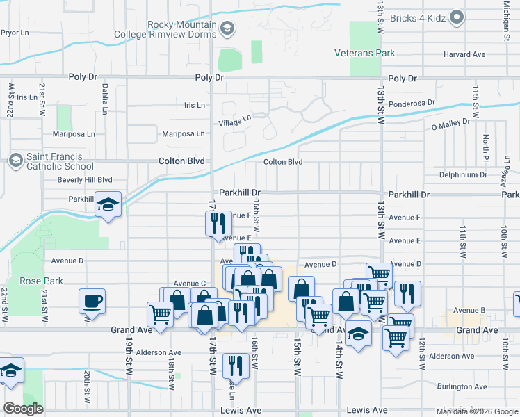 map of restaurants, bars, coffee shops, grocery stores, and more near 1600-1698 Ave F in Billings