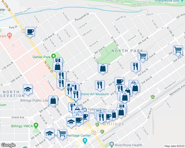 map of restaurants, bars, coffee shops, grocery stores, and more near 2307 6th Avenue North in Billings