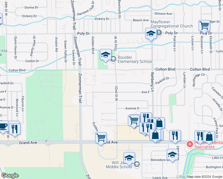 map of restaurants, bars, coffee shops, grocery stores, and more near 3211 Avenue F in Billings