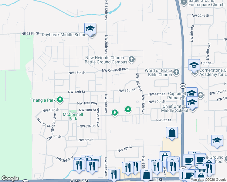 map of restaurants, bars, coffee shops, grocery stores, and more near 1716 Northwest 19th Avenue in Battle Ground