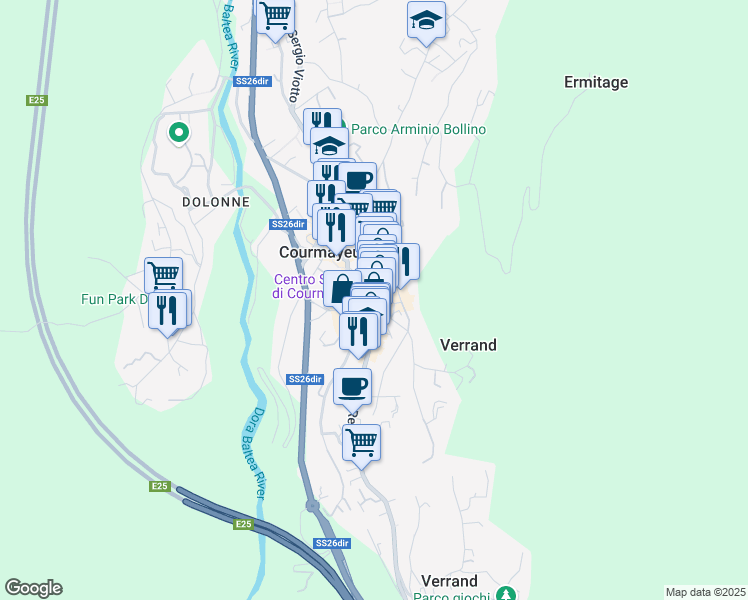 map of restaurants, bars, coffee shops, grocery stores, and more near 132 Via Roma in Courmayeur