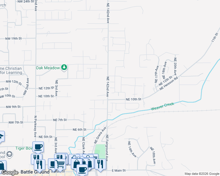 map of restaurants, bars, coffee shops, grocery stores, and more near Northeast 11th Way in Battle Ground