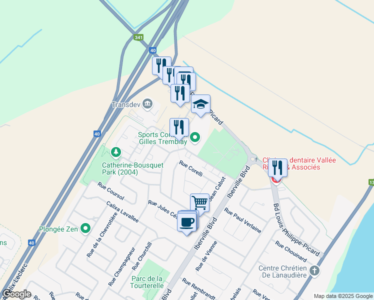 map of restaurants, bars, coffee shops, grocery stores, and more near 228 Jacques Plante Street in Repentigny