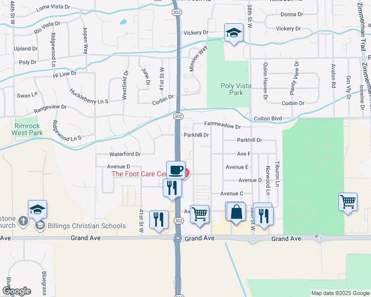 map of restaurants, bars, coffee shops, grocery stores, and more near 3980 Parkhill Drive in Billings