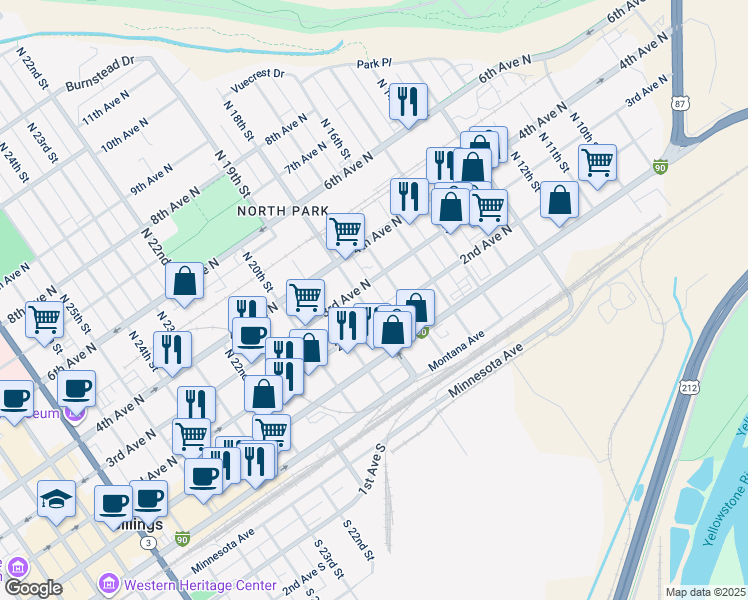 map of restaurants, bars, coffee shops, grocery stores, and more near 206 North 18th Street in Billings