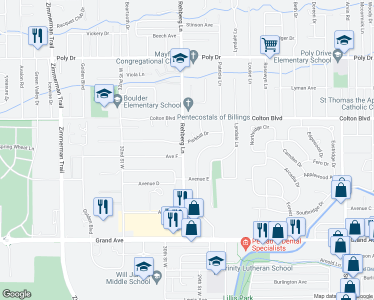 map of restaurants, bars, coffee shops, grocery stores, and more near 1904 Patricia Lane in Billings