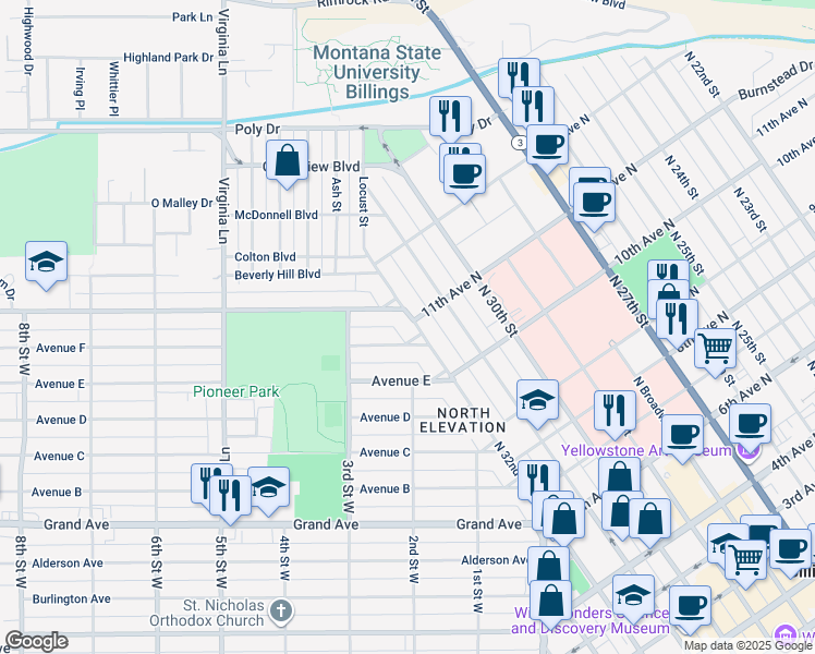 map of restaurants, bars, coffee shops, grocery stores, and more near 214 Avenue F in Billings