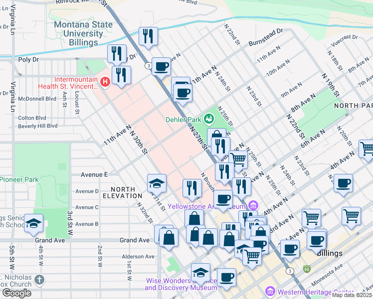 map of restaurants, bars, coffee shops, grocery stores, and more near 2800 10th Avenue North in Billings