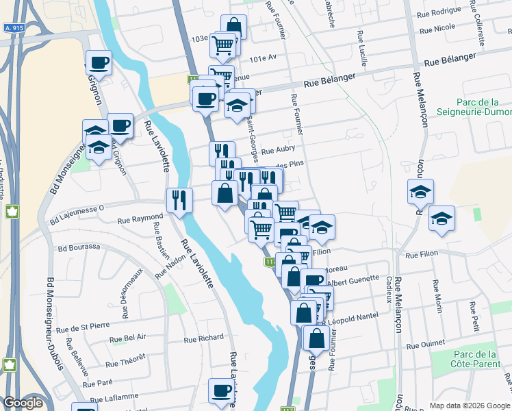 map of restaurants, bars, coffee shops, grocery stores, and more near 163 Rue Vaillancourt in Saint-Jérôme