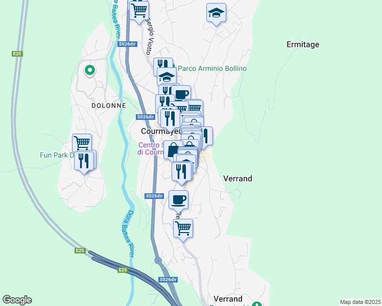 map of restaurants, bars, coffee shops, grocery stores, and more near 132 Via Roma in Courmayeur