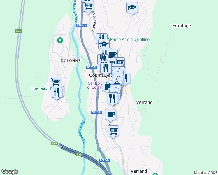 map of restaurants, bars, coffee shops, grocery stores, and more near 26 Via degli Anziani in Courmayeur