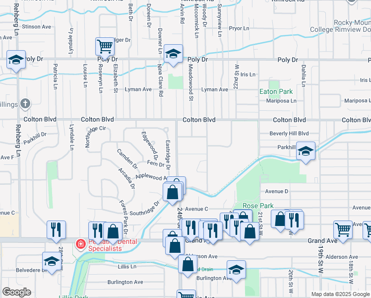 map of restaurants, bars, coffee shops, grocery stores, and more near 1807 24th Street West in Billings