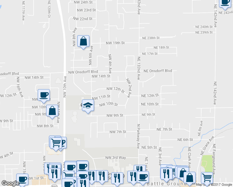 map of restaurants, bars, coffee shops, grocery stores, and more near 1104 Northwest 3rd Court in Battle Ground