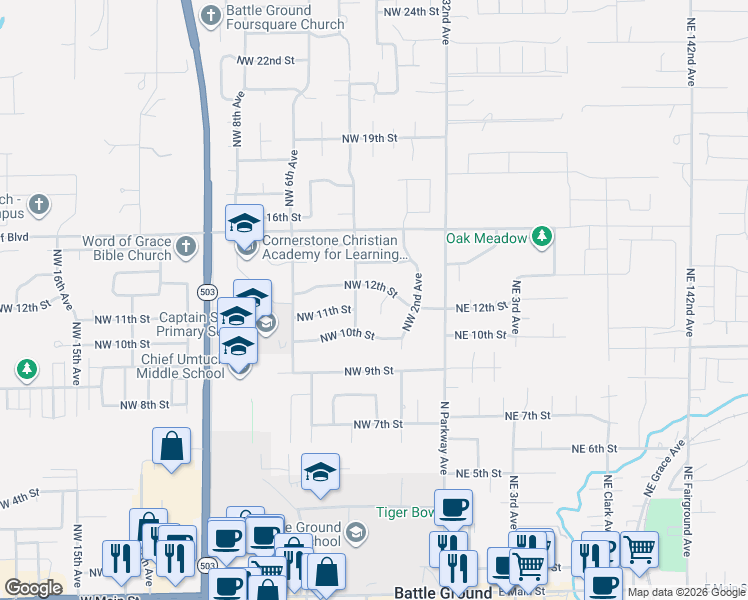 map of restaurants, bars, coffee shops, grocery stores, and more near 1104 Northwest 3rd Court in Battle Ground