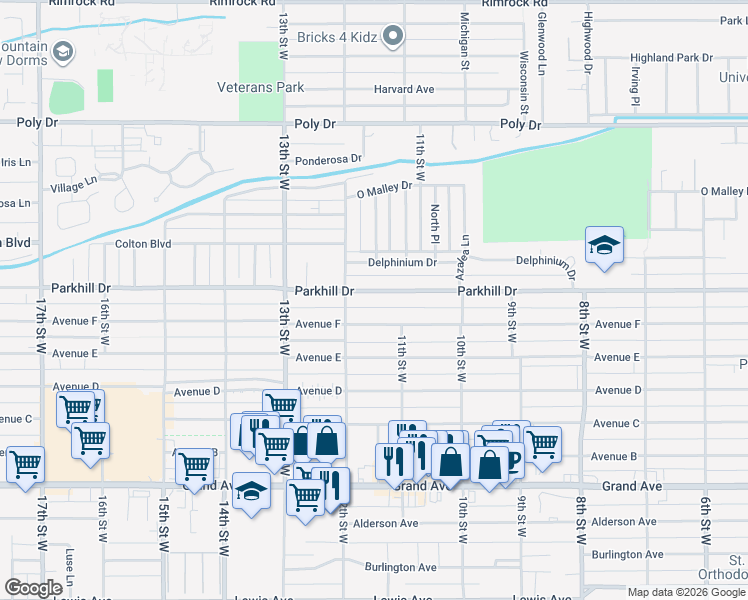 map of restaurants, bars, coffee shops, grocery stores, and more near 1117 Avenue F in Billings