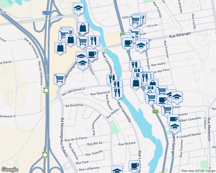 map of restaurants, bars, coffee shops, grocery stores, and more near 17 Boulevard Lajeunesse Ouest in Saint-Jã©Rã´Me