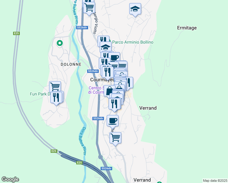 map of restaurants, bars, coffee shops, grocery stores, and more near Via Fanti Anziani in Courmayeur