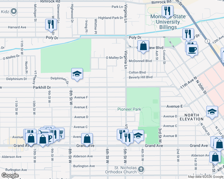 map of restaurants, bars, coffee shops, grocery stores, and more near 536 Parkhill Drive in Billings