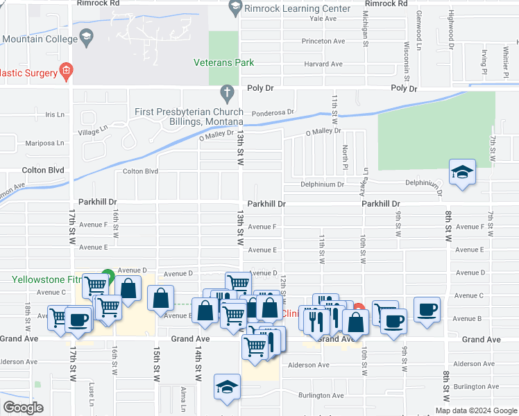 map of restaurants, bars, coffee shops, grocery stores, and more near 1232 Parkhill Drive in Billings