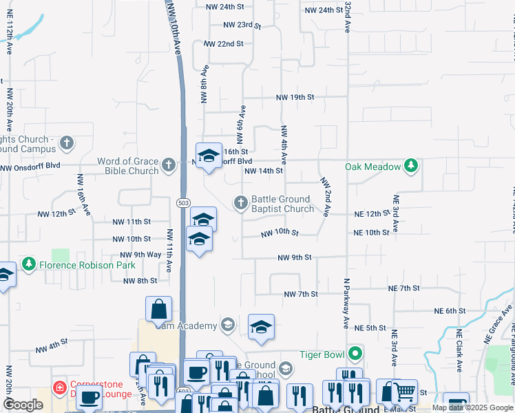 map of restaurants, bars, coffee shops, grocery stores, and more near 511 Northwest 12th Street in Battle Ground