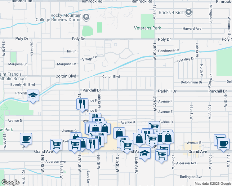 map of restaurants, bars, coffee shops, grocery stores, and more near 1488 Avenue F in Billings