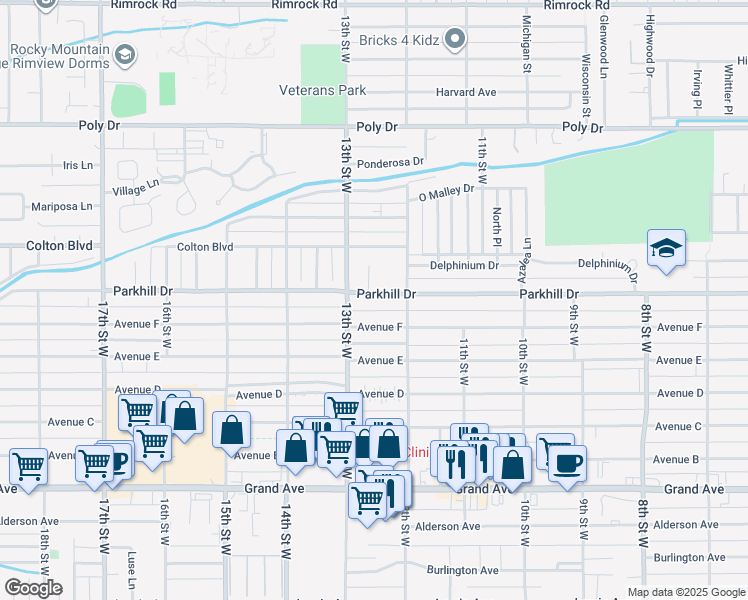 map of restaurants, bars, coffee shops, grocery stores, and more near 1229 Avenue F in Billings