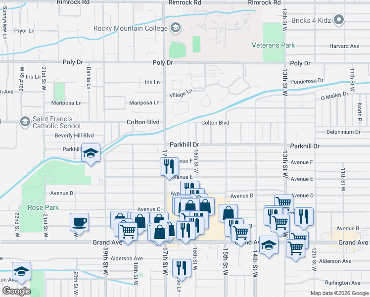 map of restaurants, bars, coffee shops, grocery stores, and more near 2010 Plaza Drive in Billings