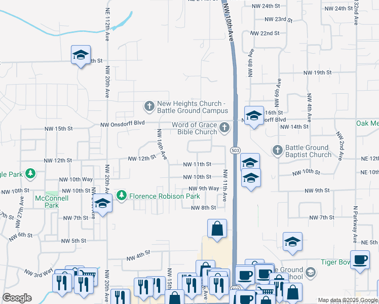 map of restaurants, bars, coffee shops, grocery stores, and more near 1318 Northwest 12th Street in Battle Ground