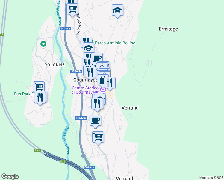 map of restaurants, bars, coffee shops, grocery stores, and more near 34 Via Guglielmo Marconi in Courmayeur
