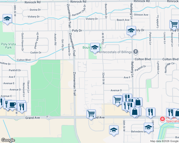 map of restaurants, bars, coffee shops, grocery stores, and more near 2035 Wyndham Park Drive in Billings