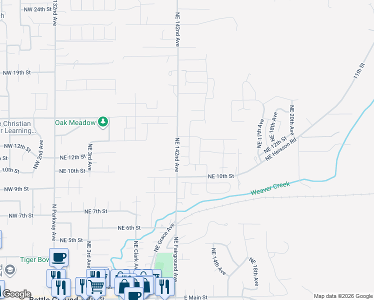 map of restaurants, bars, coffee shops, grocery stores, and more near 1017 Northeast 13th Street in Battle Ground