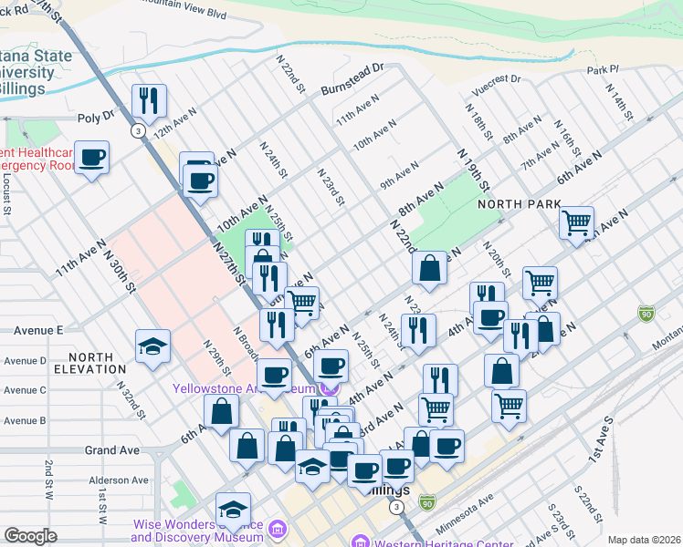 map of restaurants, bars, coffee shops, grocery stores, and more near 714 North 24th Street in Billings