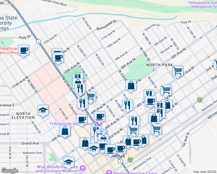 map of restaurants, bars, coffee shops, grocery stores, and more near 716 North 23rd Street in Billings