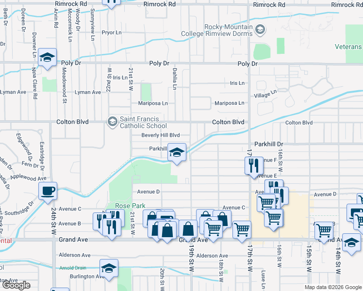 map of restaurants, bars, coffee shops, grocery stores, and more near 1926 Beverly Hill Boulevard in Billings