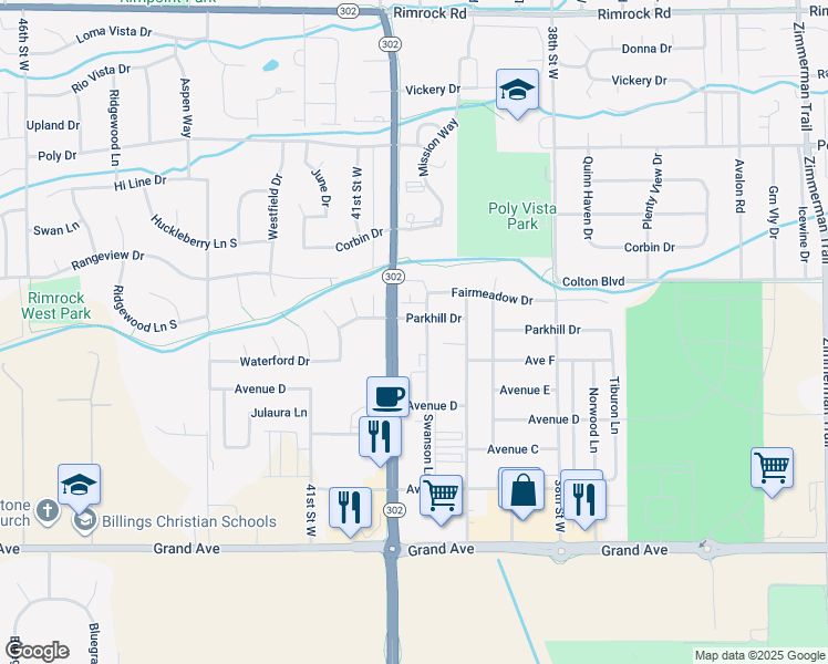 map of restaurants, bars, coffee shops, grocery stores, and more near 3980 Parkhill Drive in Billings