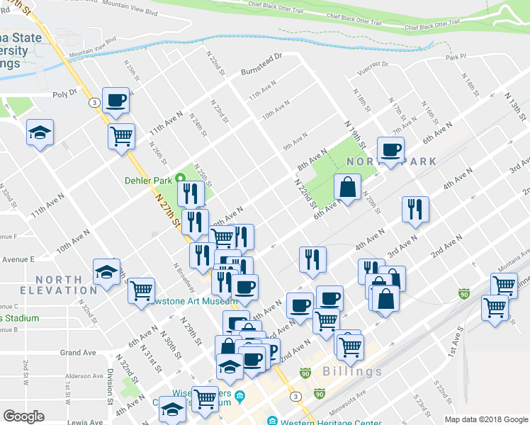 map of restaurants, bars, coffee shops, grocery stores, and more near 707 North 24th Street in Billings