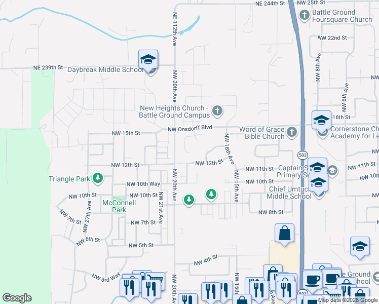 map of restaurants, bars, coffee shops, grocery stores, and more near 1949 Northwest 19th Court in Battle Ground