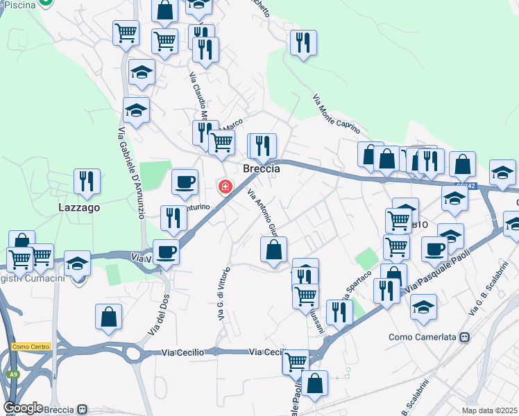 map of restaurants, bars, coffee shops, grocery stores, and more near 2-4 Via Giussani Antonio in Como
