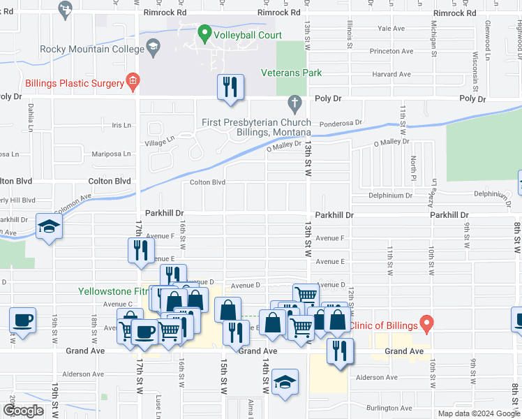 map of restaurants, bars, coffee shops, grocery stores, and more near 2004 14th Street West in Billings